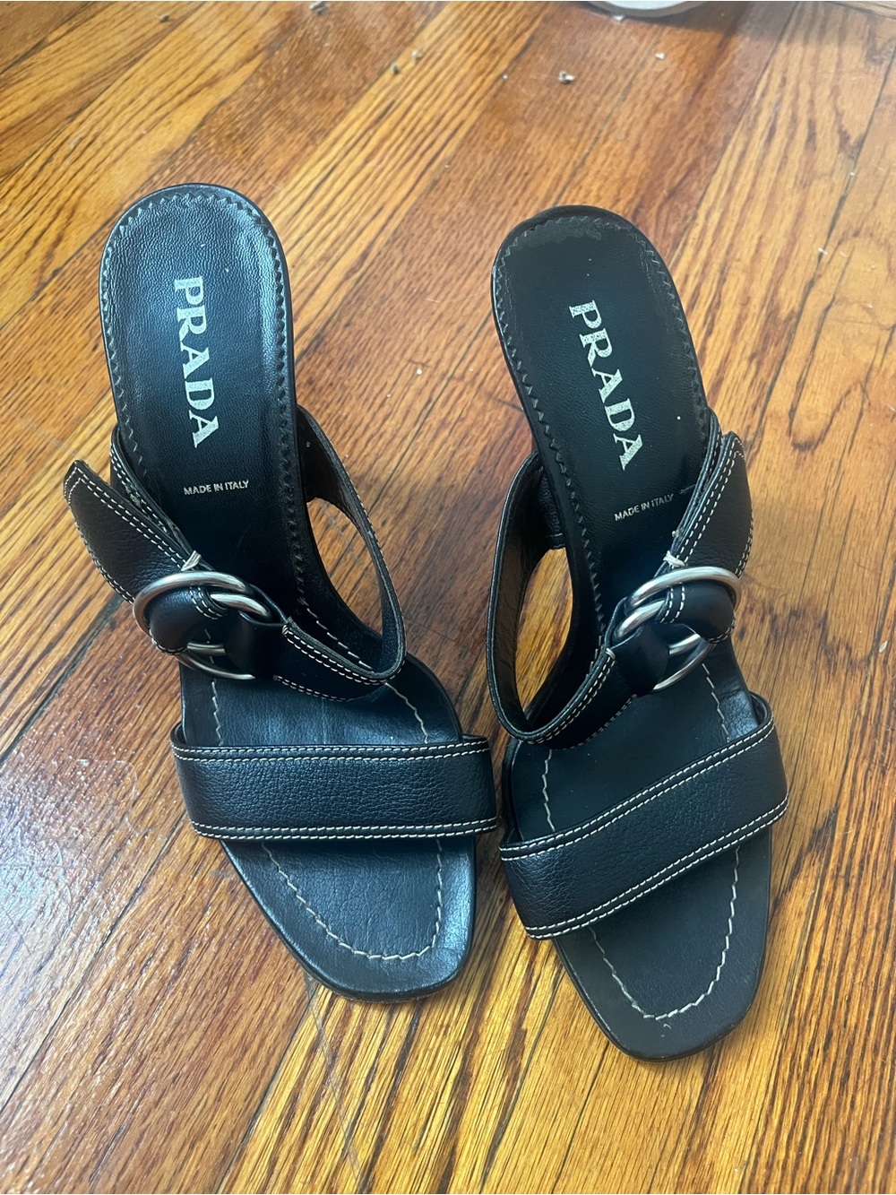 PRADA Black Leather Buckle Slide Sandals - Picture 1 of 6